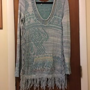 Free People tunic sweater with fringe & hood.
